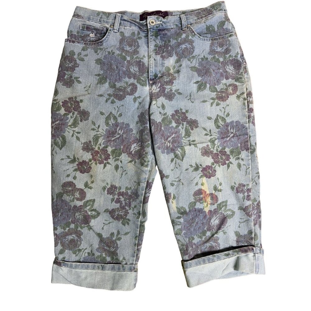 Floral Denim Capri Pants Size 14 Gloria Vanderbilt Cotton Polyester Blend Womens
